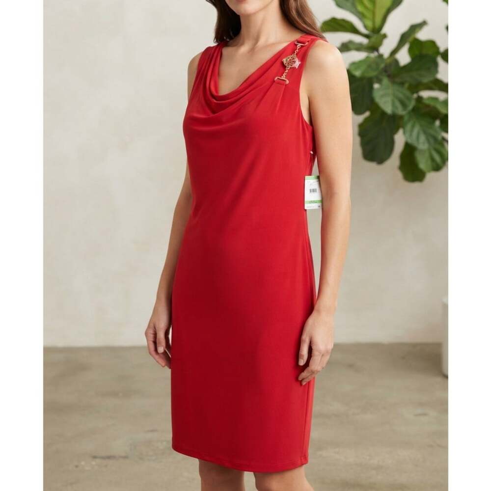 Anne Klein Red Sheath Dress with Gold-Tone Chain Logo Shoulder Accent - Size 8